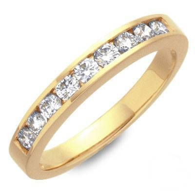 Channel set lab grown diamond look cubic zirconia 1 carat round wedding band in 14k yellow gold.