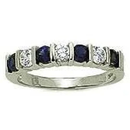 Bar channel set round lab grown diamond look cubic zirconia anniversary band in 14k white gold.