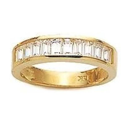 Channel set lab grown diamond simulant cubic zirconia baguette anniversary wedding band in 14k yellow gold.