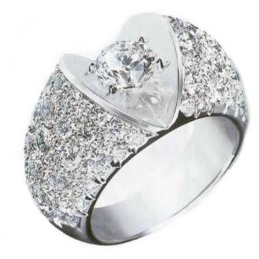 Vejay 1 carat round lab grown diamond alternative cubic zirconia pave set domed solitaire engagement ring in 14k white gold.