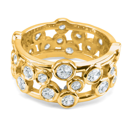 Bezel set lab grown diamond look cubic zirconia round bubbles eternity wedding band in 14k yellow gold.