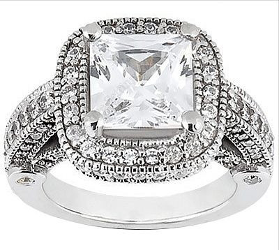 Legend 4 Carat Princess Cut Lab Grown Diamond Simulant Cubic Zirconia Pave Halo Cathedral Solitaire Engagement Ring.
