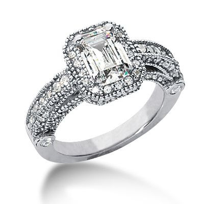 Legend 1 Carat Emerald Cut Lab Grown Diamond Simulant Cubic Zirconia Pave Halo Cathedral Solitaire Engagement Ring.
