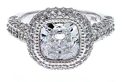 Legend 4 Carat Cushion Cut Lab Grown Diamond Simulant Cubic Zirconia Pave Halo Solitaire Engagement Ring.