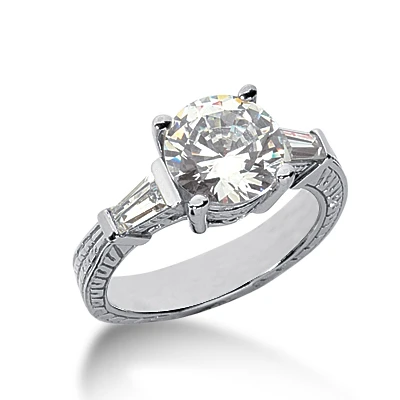 Antique estate style engraved 2.5 carat round and baguette lab grown diamond simulant cubic zirconia engagement ring in 14k white gold.