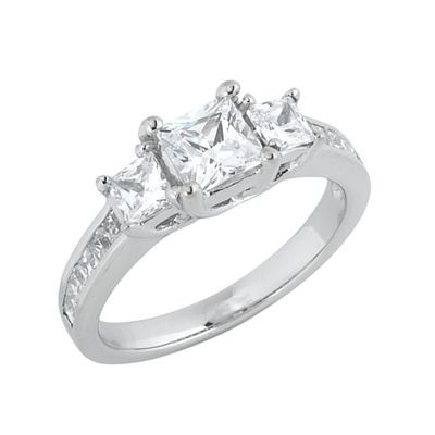 Trellis Criss Cross 1 Carat Princess Cut Three Stone Ring with lab grown diamond quality cubic zirconia in 14k white gold.