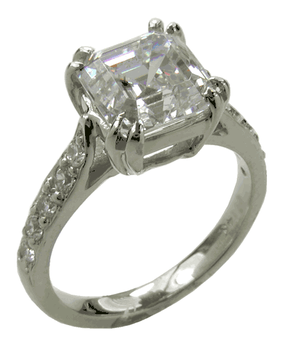 1.5 Carat Asscher Cut Lab Grown Diamond Look Cubic Zirconia Double Prong Set Cathedral Pave Solitaire Engagement Ring.