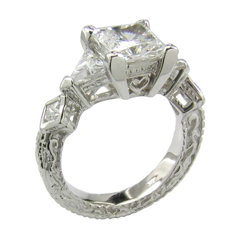 Deconence 1.5 carat princess cut lab grown diamond look cubic zirconia trillion engraved antique ring in 14k white gold.