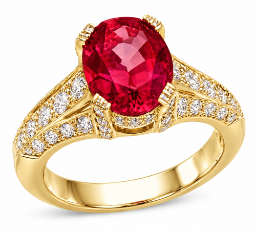 Pacifica lab grown diamond look cubic zirconia pave with 2.5 carat oval man made ruby ring in 14k yellow gold.