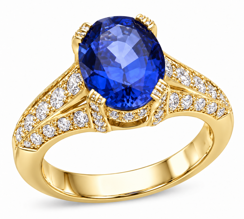 Pacifica lab grown diamond look cubic zirconia pave and 2.5 carat oval man made sapphire ring in 14k yellow gold.