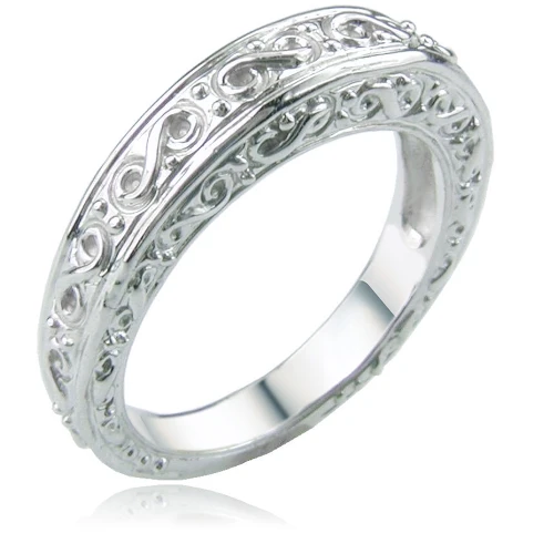 Fairmont engraved antique estate style victorian wedding band in 14k white gold.