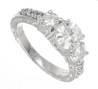 Compendia 1 Carat Laboratory Grown Diamond Simulant Cubic Zirconia Round Center Three Stone Pave Antique Estate Style Ring