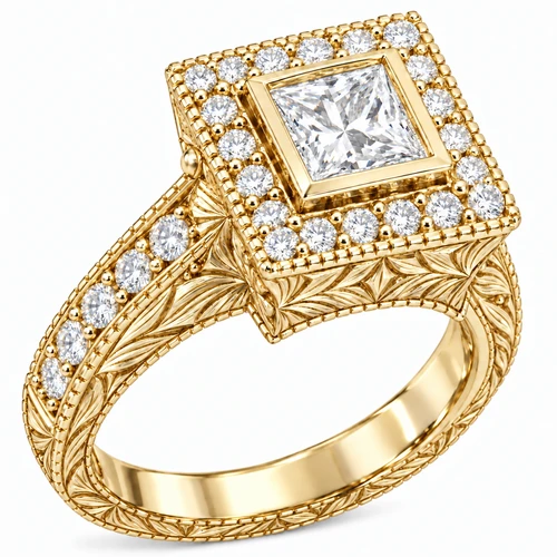 Exectuta bezel set 1 carat princess cut and round lab grown diamond simulant cubic zirconia halo solitaire in 14k yellow gold.