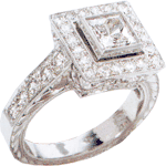 Exectuta bezel set 1 carat princess cut and round laboratory grown diamond alternative cubic zirconia halo solitaire in 14k white gold.