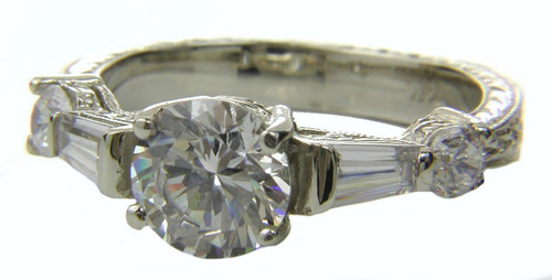 Bartlet 1 carat round baguette engraved lab grown diamond alternative cubic zirconia estate antique ring in platinum.