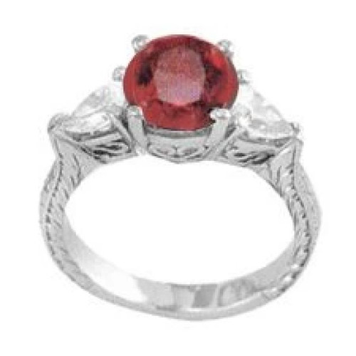Enchantress 2 carat round and pear three stone lab grown diamond alternative cubic zirconia engraved ring in 14k white gold.