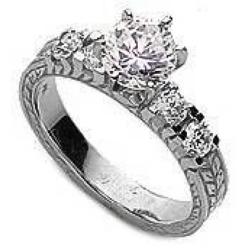 Verage 1 carat round lab grown diamond simulant cubic zirconia engraved antique estate solitaire engagement ring in 14k white gold.