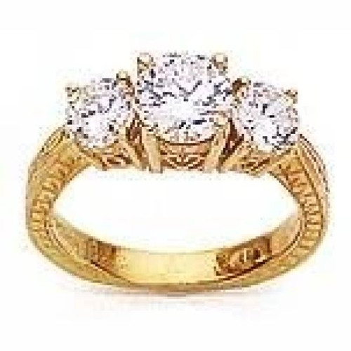 Vintage 1 carat round center lab grown diamond quality cubic zirconia engraved three stone ring in 14k or 18k yellow gold.