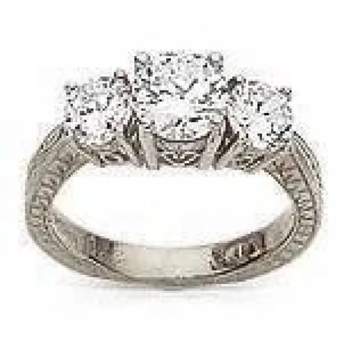 Vintage 1 carat round center lab grown diamond alternative cubic zirconia engraved three stone ring in 14k white gold or platinum.