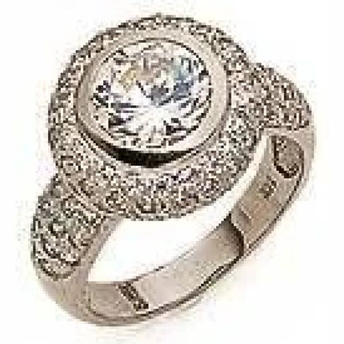 Metcalf 3.5 carat round lab grown diamond alternative cubic zirconia bezel set halo pave encrusted ring in 14k white gold.