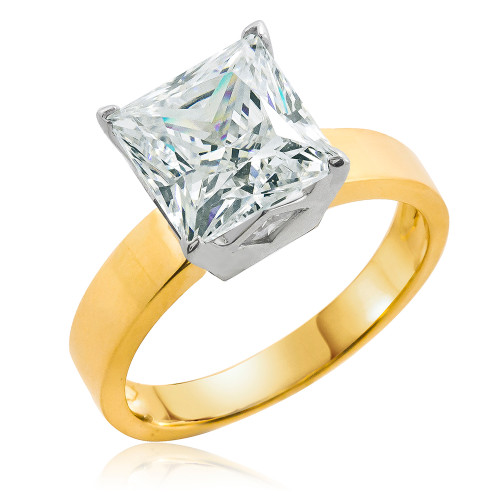 Two tone 14k gold princess cut Russian formula lab grown diamond look cubic zirconia solitaire engagement ring.