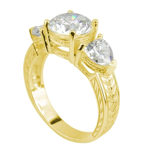Round and heart lab grown diamond alternative cubic zirconia engraved estate antique solitaire engagement ring in 14k yellow gold.