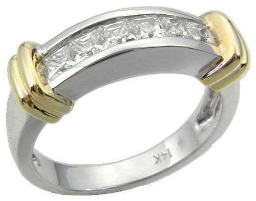 Two tone channel set princess cut lab grown diamond quality cubic zirconia wedding band in 14k white gold with 14k yellow gold accents.