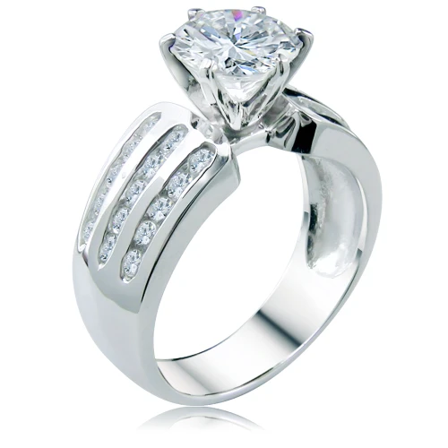Three row channel set round lab grown diamond look cubic zirconia solitaire engagement ring with a 1.5 carat round center in 14k white gold.