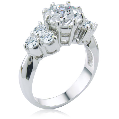 Round 2 carat lab grown diamond alternative cubic zirconia solitaire engagement ring with six round stone sides in 14k white gold.