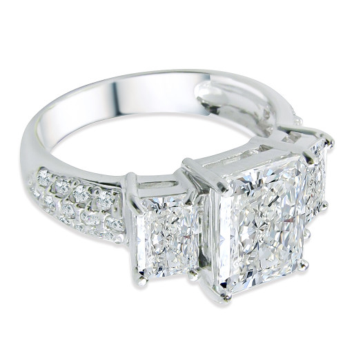 Three stone 2.5 carat emerald radiant cut lab grown diamond look cubic zirconia pave anniversary ring in 14k white gold.