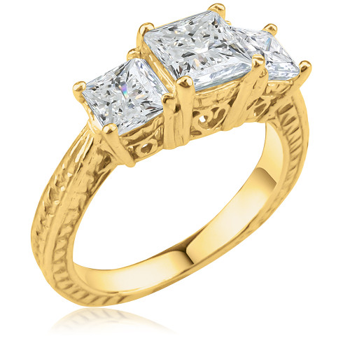 Mia Three Stone Carat Princess Cut Engraved Cubic Zirconia