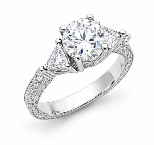 Luello 1.5 carat round laboratory grown diamond alternative cubic zirconia with trillions antique estate style solitaire in 14k white gold.