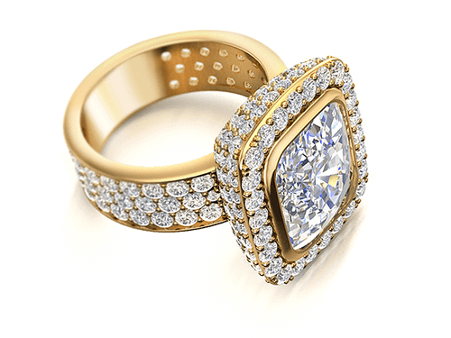 Avellina 7 carat emerald radiant cut halo diamond quality cubic zirconia ring in 14k yellow gold.