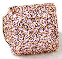 Rosetta pink diamond look lab created cubic zirconia pave set round ring in 14k gold and platinum.