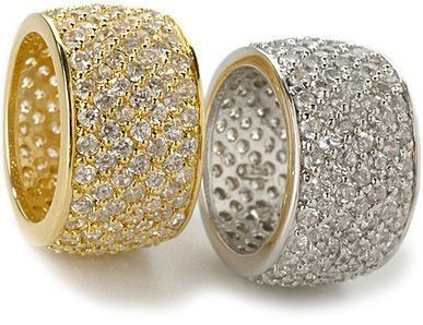 Modena wide pave set round wedding band in 14k gold  with canary or lab grown diamond look cubic zirconia.