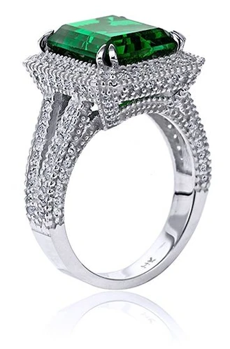 Melania 7 Carat Emerald Cut Cubic Zirconia Halo Micro Pave Set Round Split Shank Double Prong Engagement Ring