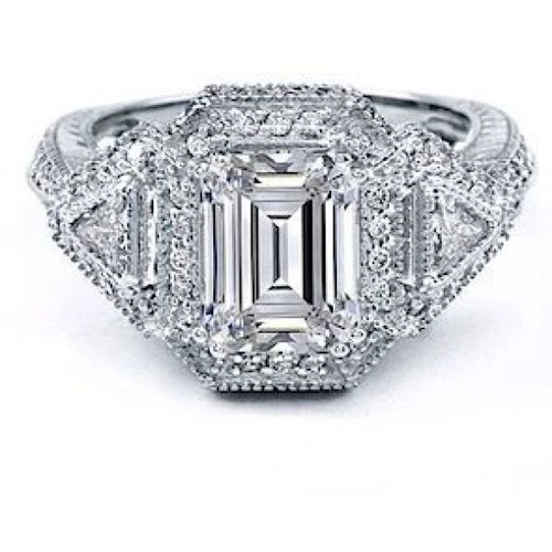 Larnacca 2.5 carat emerald step cut lab created cubic zirconia trillion halo and pave engagement ring in platinum.