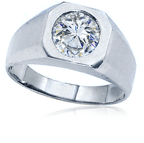 Bezel set 1.5 carat round lab grown diamond simulant cubic zirconia unisex ring in 14k white gold.