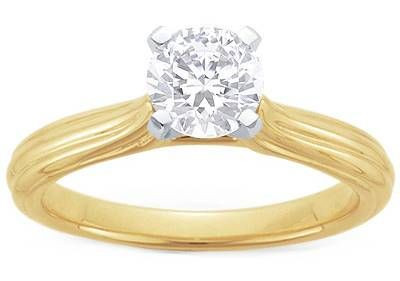 Fluted 1 Carat Round Cathedral Style Solitaire Engagement Ring with laboratory grown diamond look cubic zirconia in 14k yellow gold.