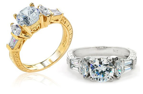 Round Marquise Baguette Filigree Engraved Engagement Ring with lab grown diamond alternative cubic zirconia in 14k gold.