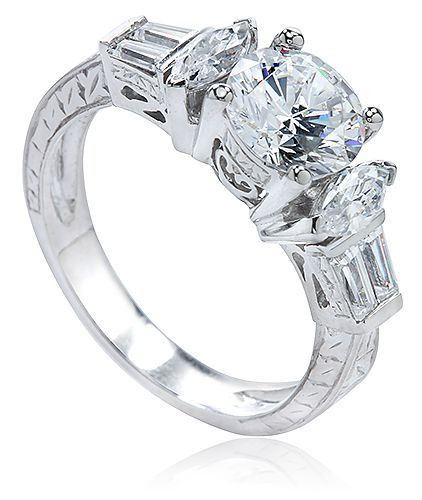 Round Marquise Baguette Filigree Engraved Engagement Ring with lab grown diamond look cubic zirconia in 14k white gold.