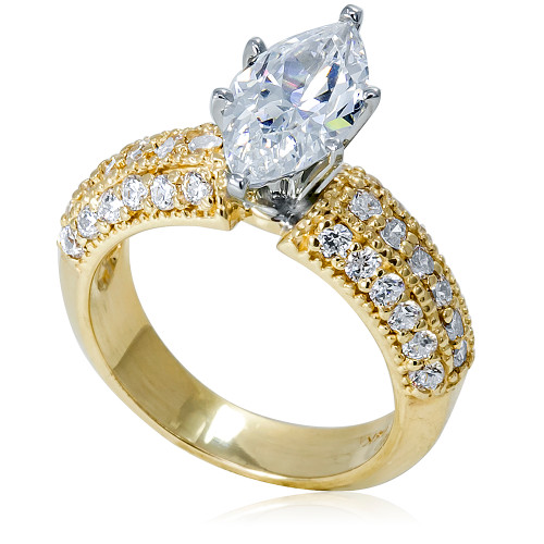 Marquise 2 Carat Pave Engagement Ring with lab grown diamond simulant cubic zirconia in 14k yellow gold.