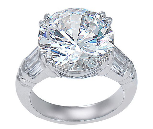 Charis 7 carat round lab created cubic zirconia split prong set solitaire with baguettes in platinum.