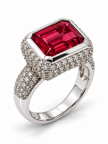 Emine East West Bezel Set 4 Carat Emerald Cut Ring with a halo of pave round lab created diamond look cubic zirconia in 14k white gold.