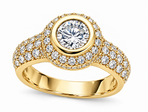 Rimona 1 carat bezel set round lab grown diamond alternative cubic zirconia pave antique estate solitaire in 14k yellow or 14k white gold.
