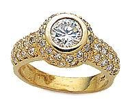 Rimona 1 carat bezel set round lab grown diamond alternative cubic zirconia pave antique estate solitaire in 14k yellow gold.