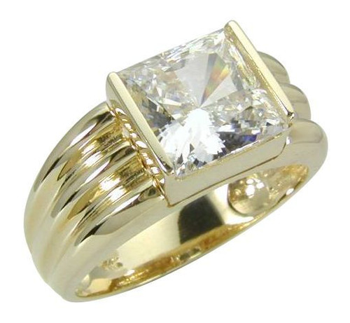 France 2.5 carat princess cut lab grown diamond quality cubic zirconia channel set fluted domed solitaire engagement ring in 14k yellow gold.