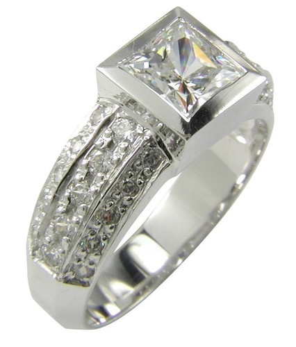 Bezelli 1 Carat Princess Cut Bezel Set Cubic Zirconia Pave Solitaire  Engagement Ring