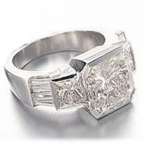 Princess cut 1.5 carat semi bezel set laboratory grown diamond alternative cubic zirconia baguette engagement ring in 14k white gold.