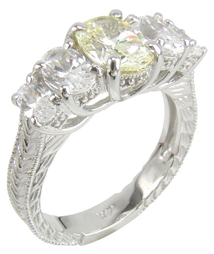 Mariposa 1 carat oval center canary lab grown diamond alternative cubic zirconia antique estate ring in 14k white gold.